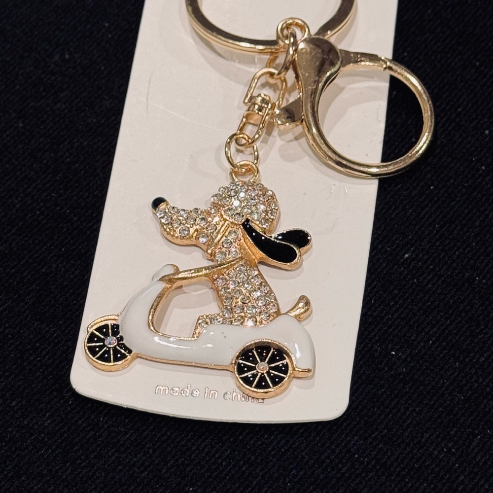 BAG CHARM Mint Gold and White Dog On Scooter Keychain - Picture 2 of 10